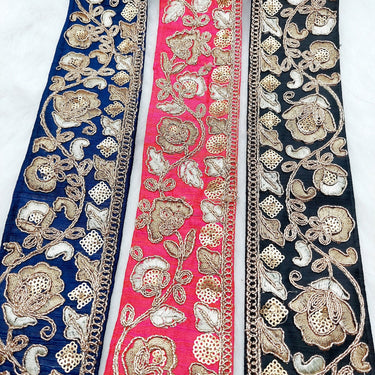 Silk Trim Gold Floral Embroidered Sequins Trim, Decorative Trim, Indian Sari Border